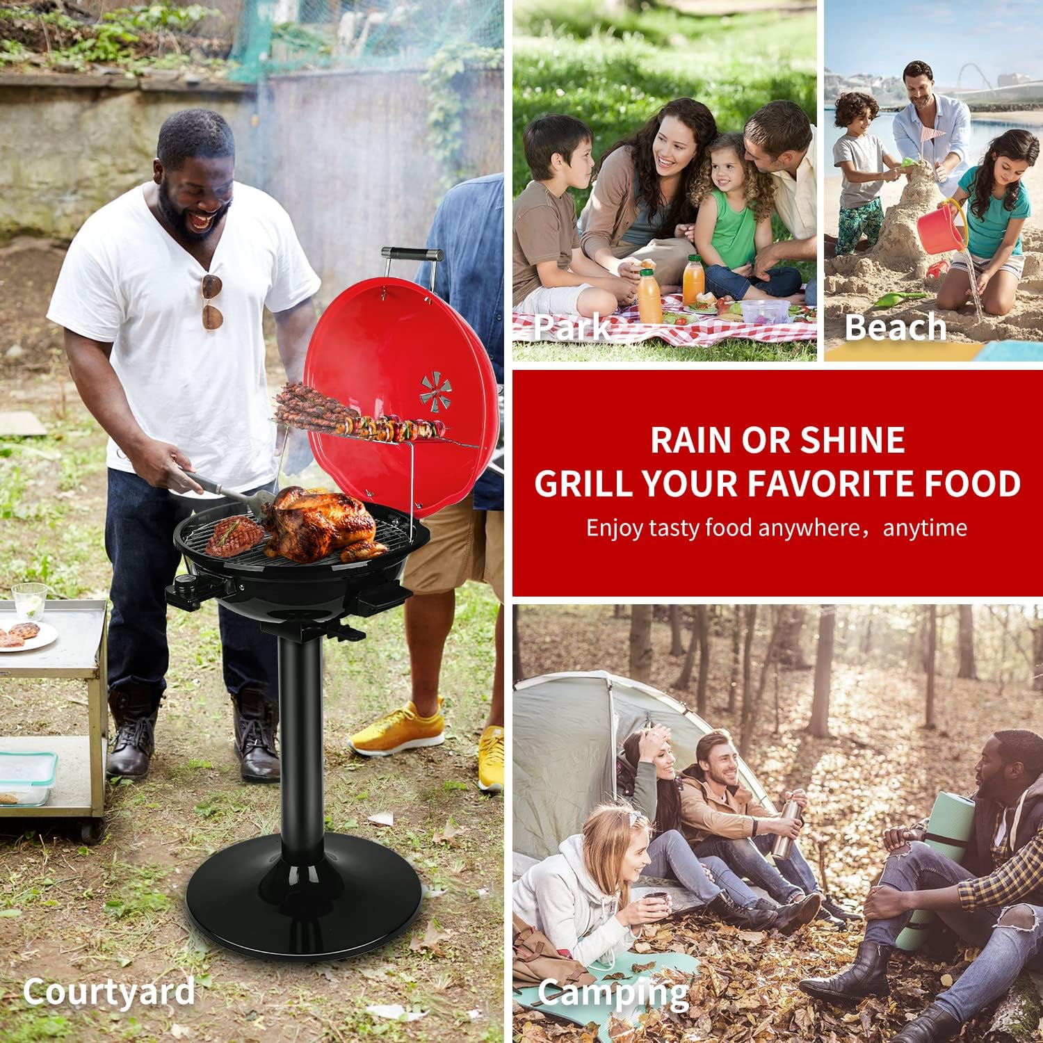 Electric Grill Outdoor BBQ, Techwood 15-Serving Indoor/Outdoor Electric Grill for Indoor & Outdoor Use, Double Layer Design, Portable Removable Stand Grill, 1600W (Stand Red BBQ Grills)